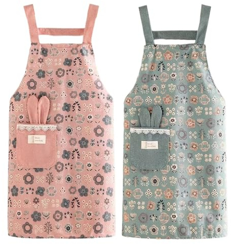 Colexy Küchenschürze,2 Stück Blumenschürze mit Großen Tasche Blühende, Antifouling, Baumwolle Leinen Kochschürze,Riemendesign,für Damen und Männer,zum Kochen oder Backen
