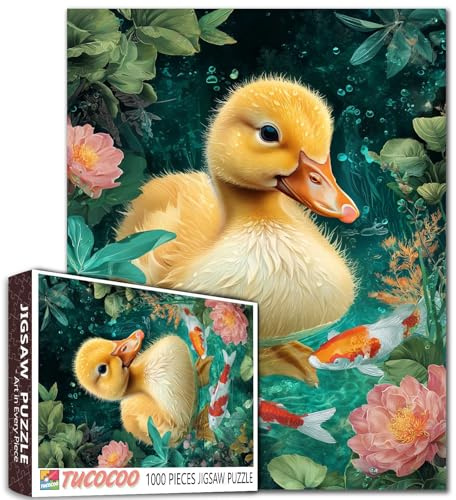 Gelbe Ente Schwimm-Puzzle 1000 Teile Koi-Fische im Wasser Puzzle für Erwachsene Botanische Kunst Puzzle für herausfordernde Familienaktivitäten DIY Handarbeit Puzzle Wanddekoration für Zuhause