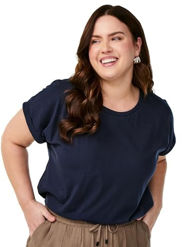 Zizzi Damen T-Shirt aus Baumwollmix - Plus Size Damen mit Rundhals, Kurzarm mit Umschlag und Relaxed Fit, Basic Oberteil für Alltag, Büro und Freizeit