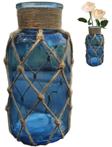 Blue Flower Vase, Blue Glass Vase, 6.4 Inch Tall Flower with Creative Rope Net, Rustic Decorative Glass Bottle for Modern Home Decor Wedding Gifts, Coastal