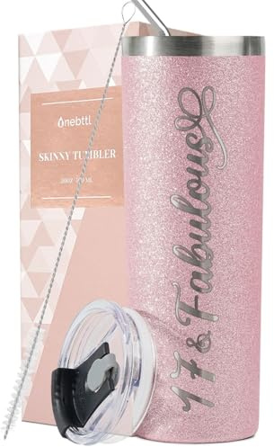 Onebttl 17th Birthday Gifts for Women, Girl, Her - 17 & Fabulous - 20oz/590ml Stainless Steel Insulated Tumbler with Straw & Lid