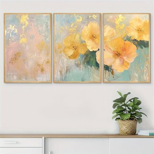 Xiyocadt 3er Poster Set,Gelb Blumen Leinwand Bilder Set,Moderne Wandbild,3-teilig Wandbilder,Natur Landschaft Bild Aesthetic,für Badezimmer Wohnzimmer Wanddekoration,Ohne Rahmen (40x50cm)