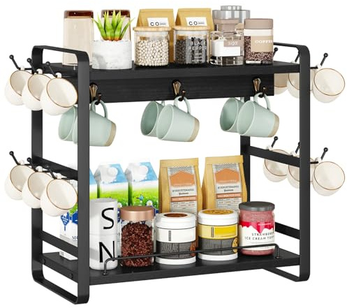 IBUYKE Kitchen Mug Cup Holder,2 Tier Coffee Bar Organizer,Black TBJ006B | Coffee Bar Station Countertop Organizer Coffee Mug Stand with 18 Hooks,Multifunctional Mug Tree for Home Kitchen Office