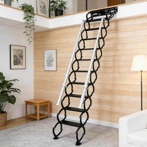 Escalera Plegable de Pared con pasamanos, Escalera de ático con Sistema de Descenso de 12 escalones, Escalera de ático telescópica, Altura aplicable de 9,6 a 10 pies, 660 Libras (Black, 12 Steps)
