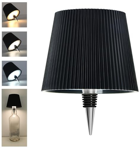 Beaeet Wireless Bottle Lamp, 3 Colors Dimmable, Wine Bottle Lamp Embed Touch Control USB Rechargeable Desk Lamp for Bars, Restaurant, Living, Bedroom & Room Decor (Pleated Black)