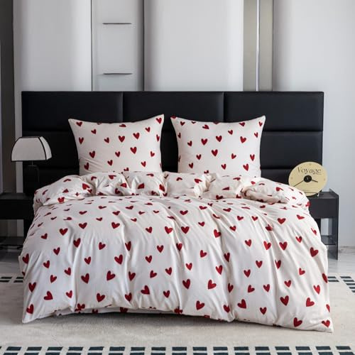 Cotton Market Bettwäsche Bettbezug 220 x 200 cm 2 Kissenbezüge 70 x 80 cm Herzen Rot Romantisches Doppelbett Bettwäsche-Set aus Mikrofaser mit Reißverschluss Weich Pflegeleicht