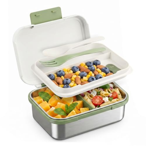 Greentainer Stainless Steel Bento Box with Fork & Spoon, 2-Layer Lunch Container with Removable Divider & Top Utensil Tray, Meal Prep Food Container for Snack, Work & Travel, Dishwasher Safe