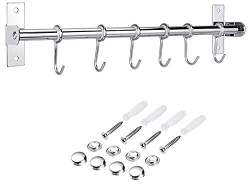 OMALOO 15.75/40CM Wall Mounted Pan Pot Rack Stainless Steel Kitchen Rail Utensils Hanger Organizer Holder with 6 Hooks