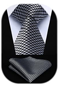 HISDERN Krawatte Schwarz-Weiss Herren Krawatten mit Einstecktuch Hochzeit Elegant Krawatte & Taschentuch Set Business