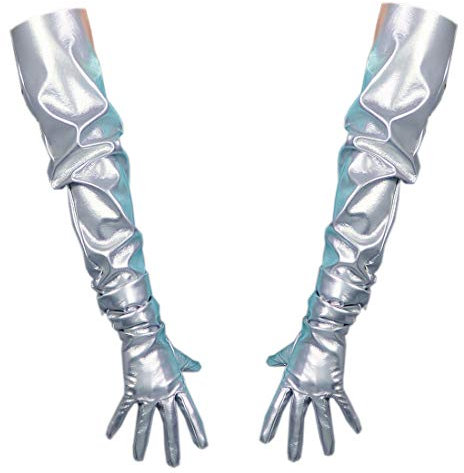 Unisex Latex-Handschuhe, lang, Kunstleder, 90 cm, große Puffärmel, Glanz Silber, Large