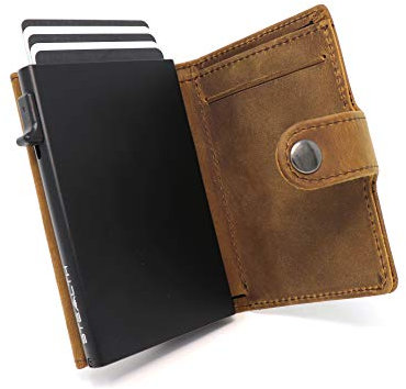 Stealth Wallet - Porte-Cartes Minimaliste - Portefeuilles Pop-up avec Blocage RFID/NFC - Porte-Cartes de Crédit Léger avec Rangement pour Les Espèces (Noir Aluminium avec Cuir de Cheval Fou Brun)
