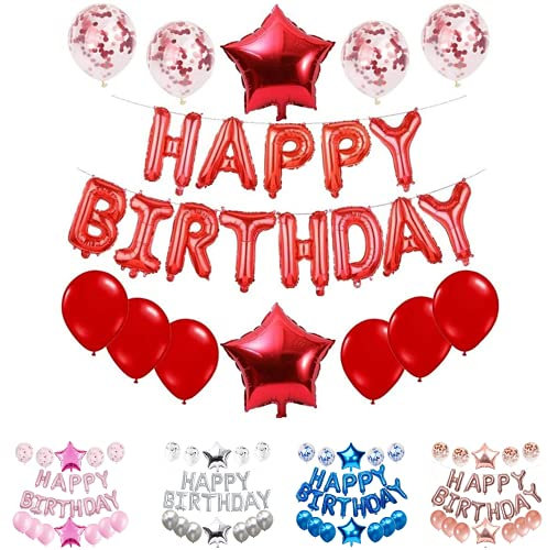 Magnolia Red Happy Birthday Balloons Decoration for Women and Girls - Confetti Decorations (28Pcs - Red)