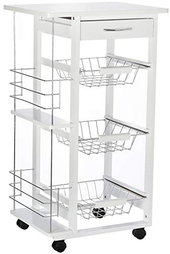 HOMCOM Carrello Isola da Cucina Salvaspazio in Legno di Pino, Carrello Portavivande con 4 Ruote Cassetto 3 Cesti Estraibili Portafrutta, Bianco
