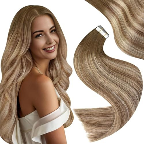 Easyouth Tape in Extensions Echthaar Braun Tape in Haarverlangerung Echthaar Ombre Tape Extension Echthaar Balayage Dunkelbraun Mix Aschbraun und Mittelblond #3/8/22 30 cm 30G 20Pcs