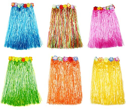 Gukasxi 6 Stück Hawaii Gras Rock Hula Rock Party Bastrock 60cm Lang Elastisch Luau Röcke mit Hibiskusblüten Hawaii Kostüm Set für Beachparty Deko