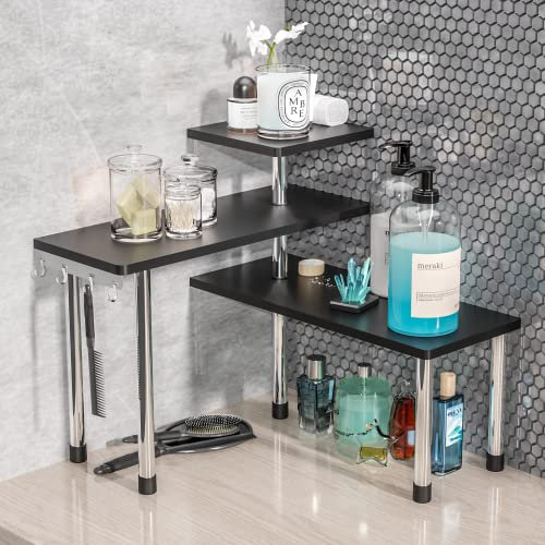 ZHWS Étagère d'angle pour comptoir de salle de bain – Organisation de salle de bain en bambou à 3 niveaux – Étagère à épices pour maquillage – Étagère peu encombrante pour cuisine, bureau, salon –