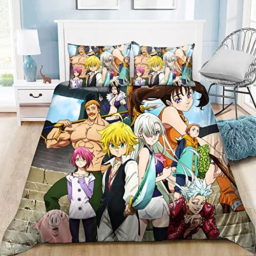 Zhongkaihua The Seven Deadly Sins Bettbezug-Set Anime 3D The Seven Deadly Sins Bettwäsche-Set für Jungen Teenager Weicher Kinder Bettbezug mit 1 Bettbezug 2 Kissenbezügen
