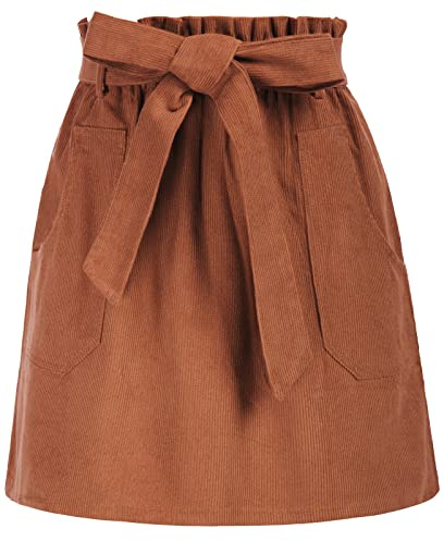 KANCY KOLE Women Corduroy Skirts High Waist Paper Bag Skirts A-Line Party Skirt for Fall Winter Rust Brown