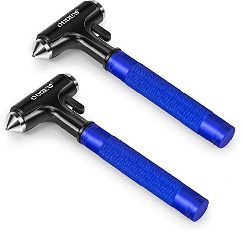 OUDEW 2 Packs Car Safety Hammer, Glass Breaker with Seat Belt Cutter, Automotive Escape Tool, Metal Window Breaker, Emergency Safety Hammer for Car Accidents (Blue)