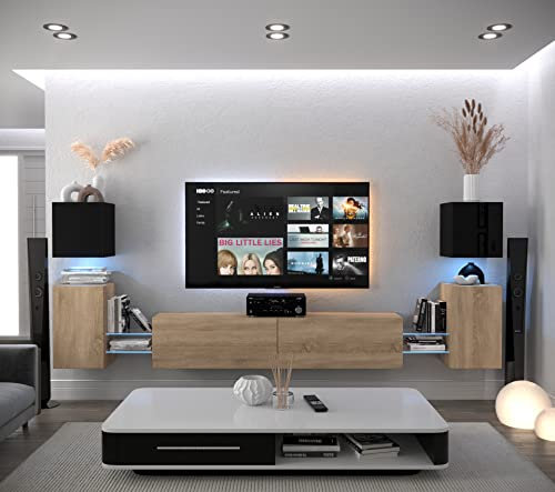 Furnitech Wohnwand Wohnzimmer | Wohnzimmer Möbel mit LED Blau | Hängend Wohnwand Modern | Wohnzimmer Schrankwand mit Regale und TV Schrank (AN105-21BS-HGM8 1A)