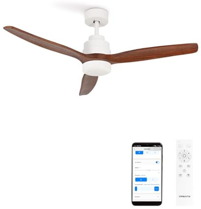 CREATE / WINDSTYLANCE DC/Ventilador de techo blanco aspas madera oscura con Wifi y mando / 40W, Silencioso, Ø132 cm, 6 velocidades, temporizador, verano-invierno, doble altura, motor DC