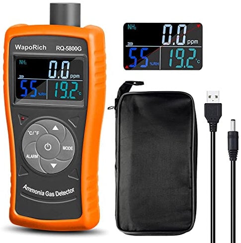 WapoRich Detector de Gas Amoníaco 0~100 PPM Medidor de NH3, Detector de Partículas Recargable Medidor Profesional Monitor de Gas Amoníaco con Temp, Humedad para Aves de Corral, Granja - RQ-5800G