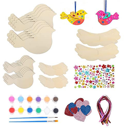 ZJRung 3D Vögel aus Holz 32 Stück Kinder bastelnHolz Vogel Holzbastelsets für Kinder Ostern Basteln Set für Junge Mädchen Geschenke Handwerk + + Pinsel + Farben + Bänder + Aufkleber