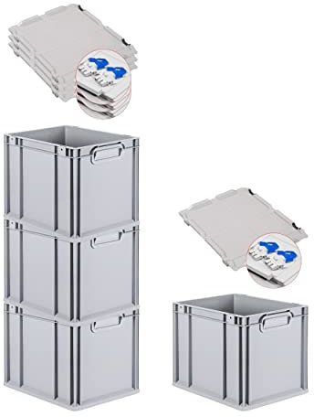 PROREGAL SuperSparSet 4x Eurobox NextGen Grip mit Scharnierdeckel und blauen Schiebeschnappverschlüssen, HxBxT 32x30x40cm, 30 L, Grau, Griffe geschlossen, Eurobehälter, Transportbox