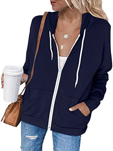 Jhsnjnr Womens Fashion Casual Jackets Classic Long Sleeve Hooded Tops Sweatshirts Zip Up Hoodies Navy Blue