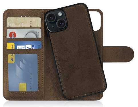 MyGadget Flip Case für iPhone 15 - [ abnehmbare Magnet Hülle ] - Handyhülle aus Kunstleder - [ Klapphülle mit Kartenfach ] Schutzhülle in Braun
