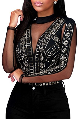 MAYFASEY Damen Bodys Sexy Langarm Mesh Durchsichtiger Jumpsuit Body Top | Sexy Curvy, Glitzer Body, Snap Crotch, Elastisches et Atmungsaktiv, Spitzenbody Elegant, Rave Party Club Festival Outfit