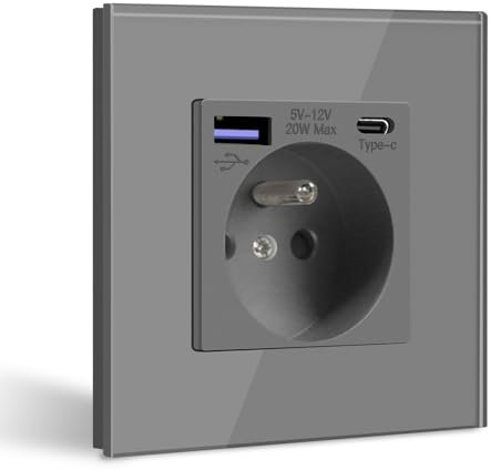 BSEED Prise Murale avec USB C PD20W,Prise de courant à Encastrer,16A Prise de Courant Alternatif avec Panneau en Verre,Chargeur Rapide Multiprises avec 1 USB-C 20W, Idéal pour Maison, Bureau-Gris