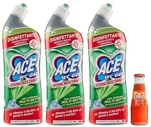 3x ACE Wc Gel Disincrostante,detergente per WC con sistema multigetto,700ml +1x Gingerino Recoaro Aperitivo Italiano 10cl IN OMAGGIO