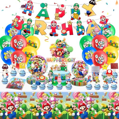 Birthday Decorations, 85PCS Party Decorations Kids' Party Tableware Set, Birthday Party Supplies with Birthday Banner, Cake Topper, Balloons, Plates, Paper Napkins, Cups, Straw and Tablecloths