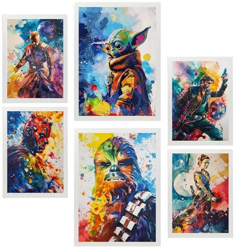 Nacnic 6er-Set Bunte Starwars Gerahmtes Poster mit Design-Illustrationen zur Dekoration der Wände Ihres Zuhause Zimmer Büro Laden Malerei im A3 & A4 Weißer Rahmen