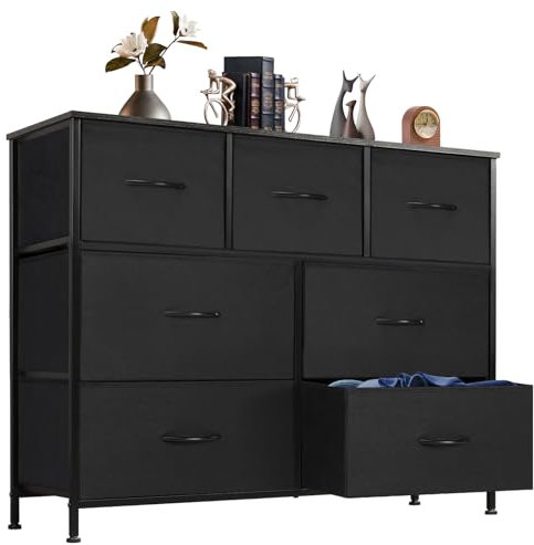 DUMOS Kommode für Schlafzimmer mit 7 Stoffschubladen, hohe Kommode Organizer für Kleidung, Schrank Kinderzimmer, Aufbewahrungsturm mit Schrank, Metallrahmen, Holzplatte, leichte Kinderzimmermöbel