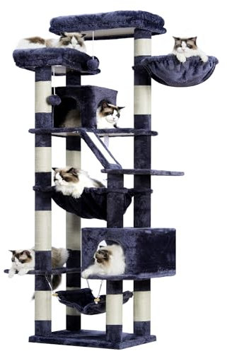Heybly Cat Tree, 71-Inch-Tall Tower for Indoor Cats with 2 Perches, 2 Big Condos, 2 Hammocks, Basket, Scratching Pad, Large Cat Furniture and Condo, Smoky Gray HCT034G