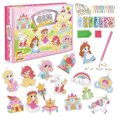 CAYUDEN Diamant Painting Schlüsselanhänger, 15 Stück 5D Diamond Painting Keychain Kits Kids DIY Prinzessin Diamant Anhänger Ornamente Gem Art Anhänger Bastelset Mädchen Kinder 4 6 8 10 12 Jahre