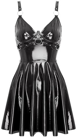 Aislor Damen Lack Leder Kleid Wetlook Minikleid Kurz Kunst Leder Kleid Rückenfrei Partykleid Skater Rock Party Clubwear Lackkleid A Schwarz M