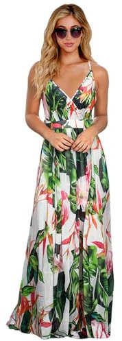 HEYPORK Damen Frühling Sommer Kleider Bequem Lässig Modern Elegant Röcke Frauen Kleid Böhmischen Floralen Halfter Langes Kleid(Weiß, L)