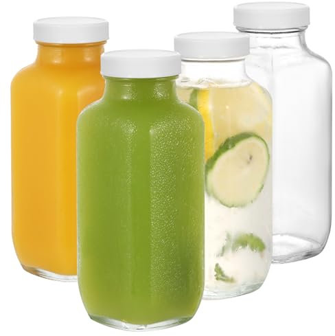 LIMILI Glass Bottles with Lids, 4 pcs Glass Juice Bottles 500ml, Reusable Wide Mouth Glass Bottles with Lids, Clear Glass Juice Bottles for Milk, Hot Cold Drinks, Homemade Beverages (White)