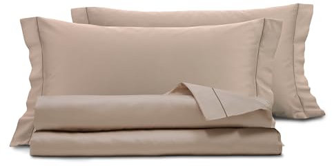 Smart Deco Home Completo letto lenzuola in raso di puro cotone Made in Italy con elegante ricamo MATRIMONIALE TORTORA