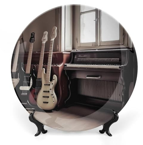 VFMKT Dekorativer Teller aus Knochenporzellan, Gitarre, Bass, Musikinstrumente, Keramik, dekorativer Teller mit Präsentationsständer, Keramik-Wandkunst, Dekoration für Zuhause, Büro, Wanddekoration,