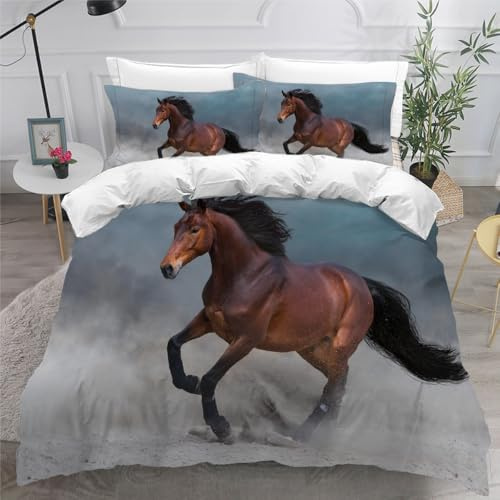 NYSMGS Bettwäsche-Sets 135x200 2Teilig Pferd Mädchen Jungen Kinder 3D Druck Tiere Blau Mikrofaser Atmungsaktive Erwachsene Bettbezug mit Reißverschluss und Kissenbezüge 80x80cm A576