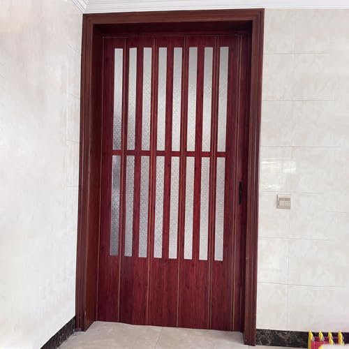 Falttüren Innentüren Faltbare Falttür aus Aluminium mit Roter Holzmaserung, Breite/Schmale Falttür aus Mattiertem Acryl, Interne Falttüren für Waschküche, Türöffnung, Badezimmer(43x80in (109x203cm))