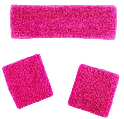 Oblique Unique Stirnband + Schweiß Armbänder Set Damen in Neon Pink für 80er Jahre 80s Motto Party Fasching Karneval Tanzen Aerobic Kostüm Accessoires