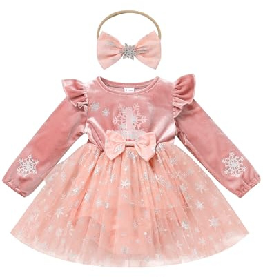 Odizli Baby Mädchen 1. Geburtstag Outfit Herbst Winter Samt Langarm Glitzer Schneeflocke One Rüschen Tüll Strampler Kleid + Stirnband, rose, 6-9 Monate