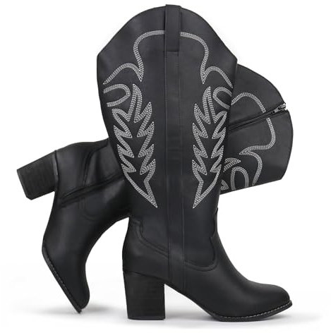Chicblooms Stivali da cowboy da donna con polpaccio extra largo, da cowgirls, alti al ginocchio, Nero , 43 EU