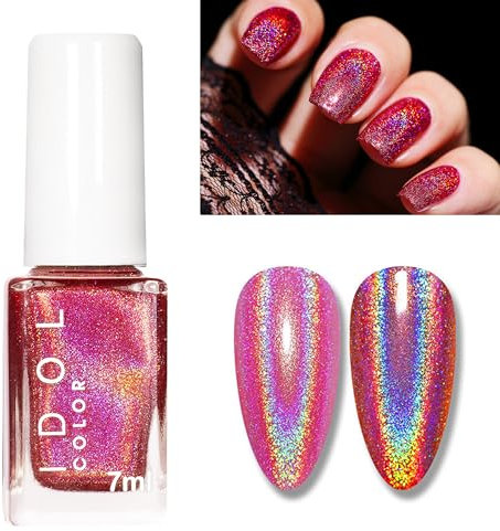 Rot Schimmer Nagellack - Schnelltrocknender Chrom Nagellack mit Holographischem Lasereffekt - 7ml / 0.24oz Holografischer Laser Nagellack für Nagelkunst und Nail Art, Ohne UV Lampe (Rot)