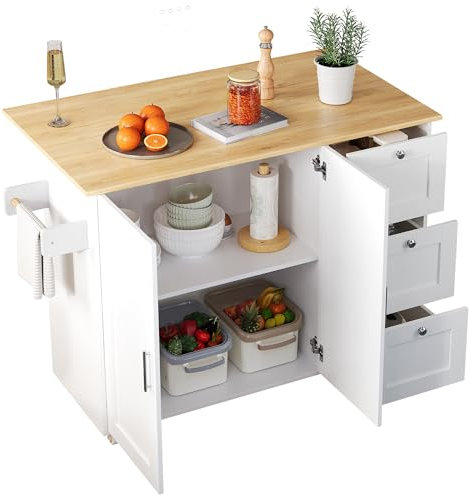 DRIXNO Mobiler Küchentisch, Arbeitsplatte aus Eichenholz, Klappbares Design, Multifunktionaler Schrank, 3 Schubladen, Handtuchhalter, Weiß Geeignet für Küche, Esszimmer, Haus